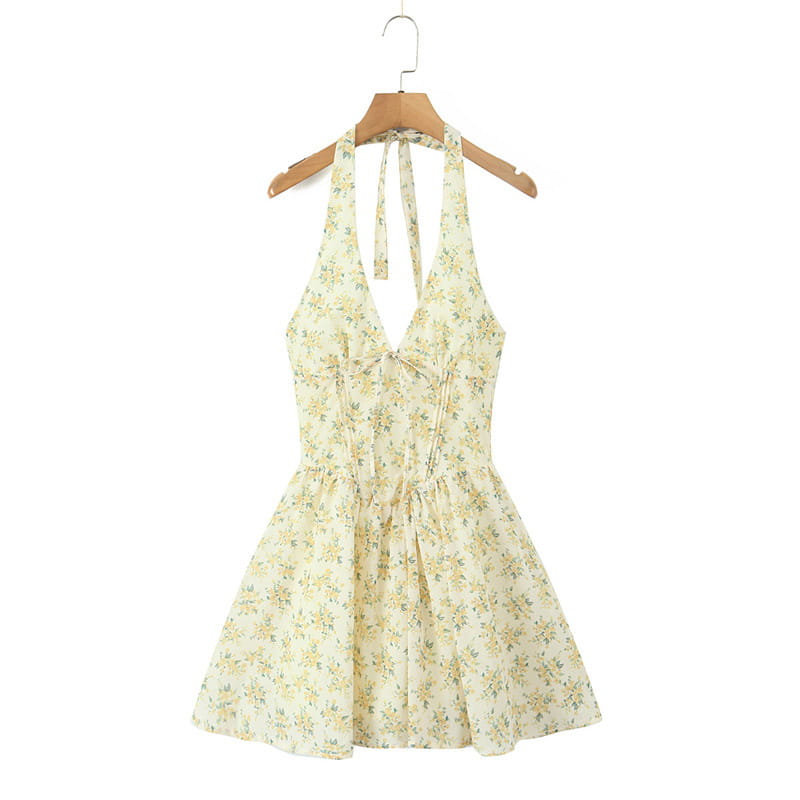 Pastoral Style Halter Backless Sexy Mini Dress Women