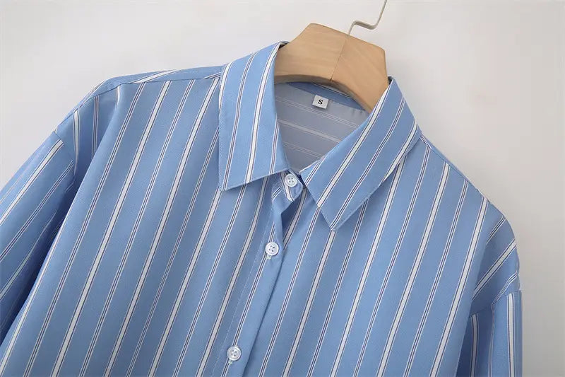 Striped Poplin Cotton Long-sleeved Lapel Shirt