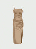 Solid Color Ruched Bodycon Slit Cami Dress - Norellé