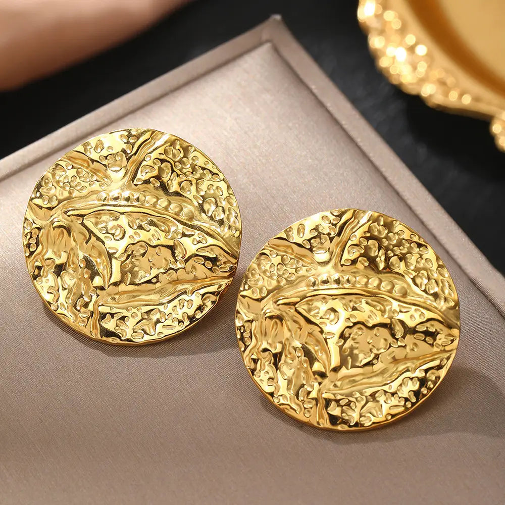 Gold Stainless Steel Pleated Round Earrings