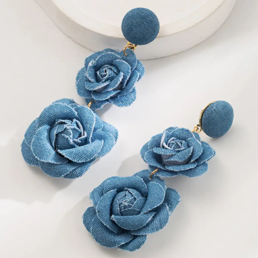 Fall Winter Cowboy Fabric Flower Earrings Multi-layer Long