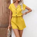 Women's 2-Piece Lounge Set, Textured Short Sleeve Button-Down Shirt And Matching Shorts Outfit - Norellé
