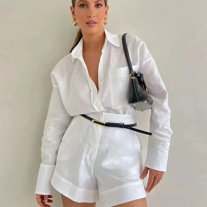 Women Summer Shorts Sets Long Sleeve Blouses with Short Pants 2 Pieces - Norellé