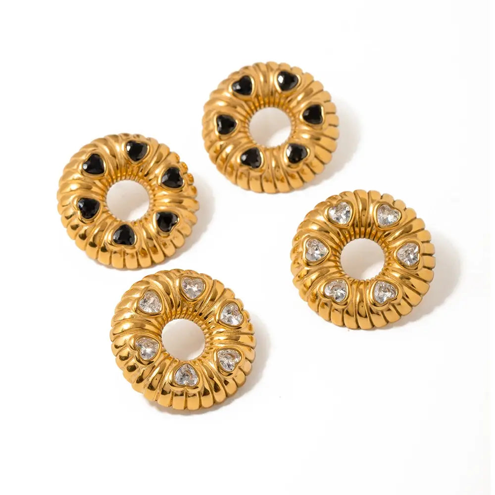 Stainless Steel Inlaid Black Zircon Bread Pattern O-shaped Earrings