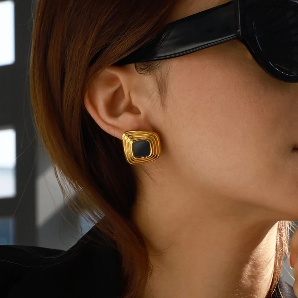Retro Geometric Ribbed Irregular Ear Studs Stainless Steel