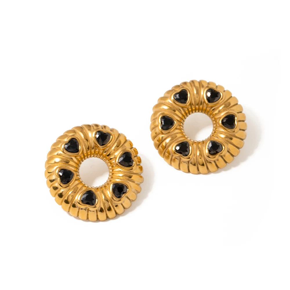 Stainless Steel Inlaid Black Zircon Bread Pattern O-shaped Earrings