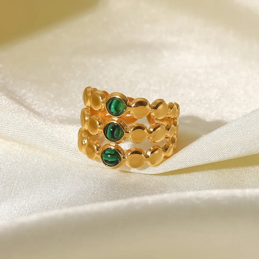Stainless Steel Three Layer Green Malachite Opening Rings for Women