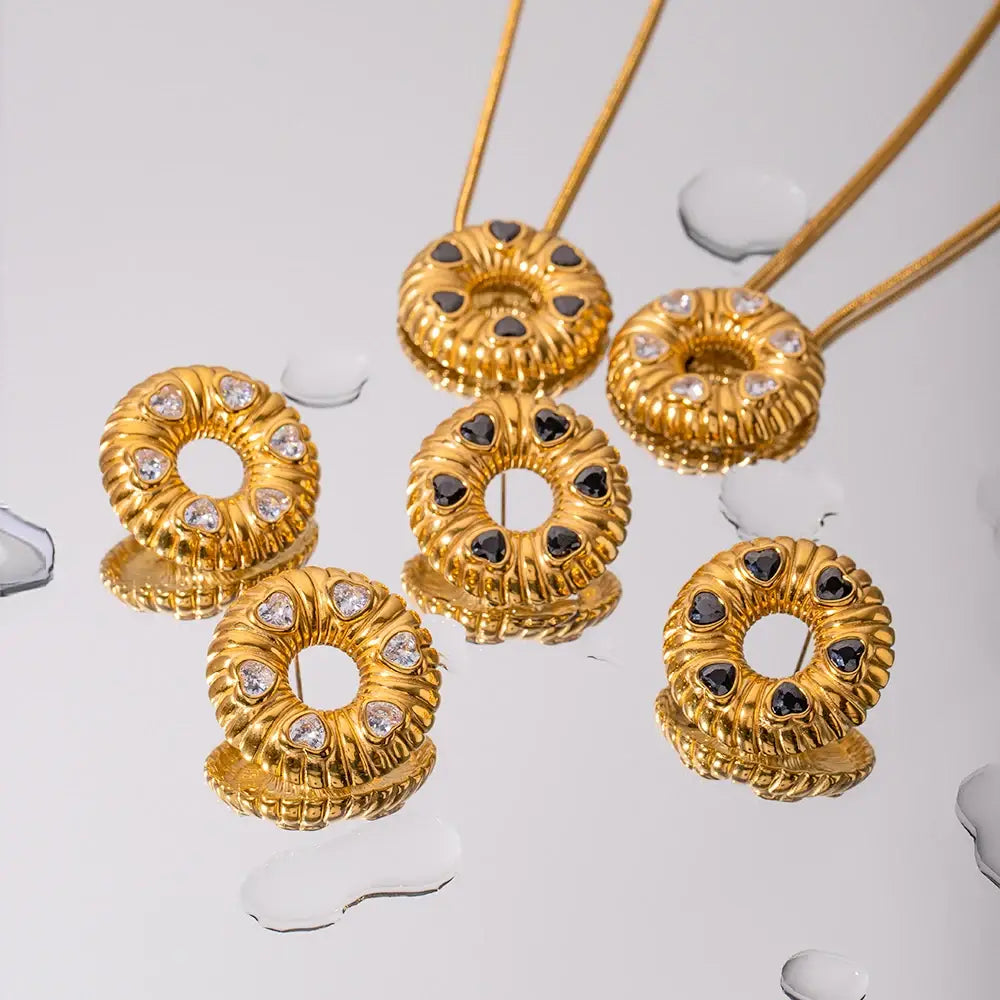 Stainless Steel Inlaid Black Zircon Bread Pattern O-shaped Earrings