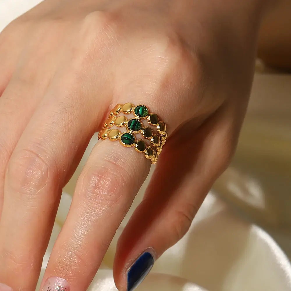Stainless Steel Three Layer Green Malachite Opening Rings for Women