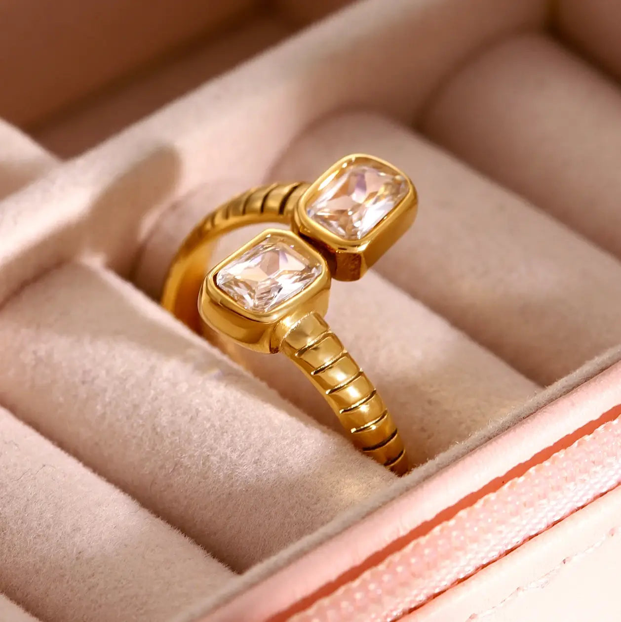 Stainless Steel Geometric Threaded Zirconia Open Ring for Women