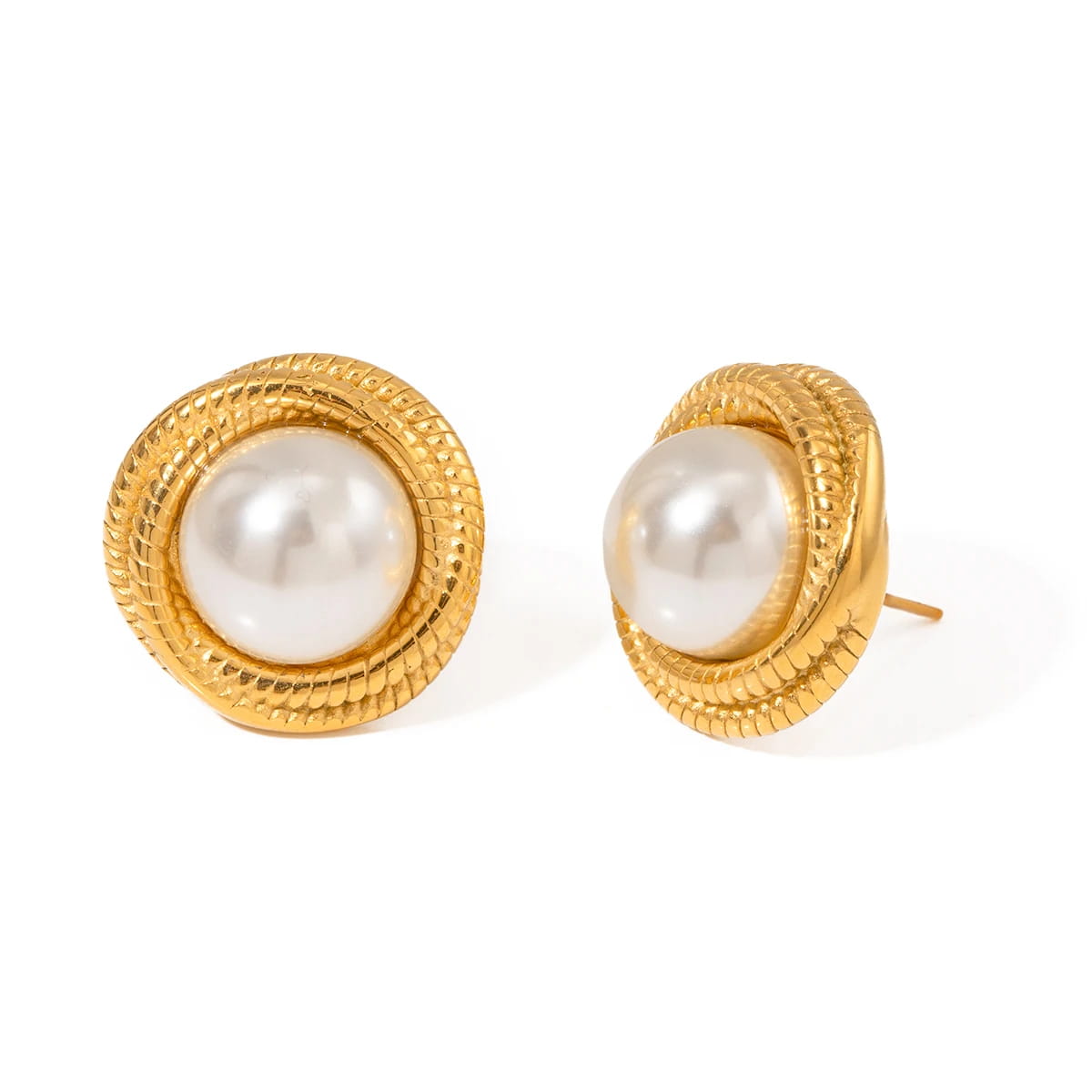 Vintage Round Stainless Steel Pearl Stud Earrings