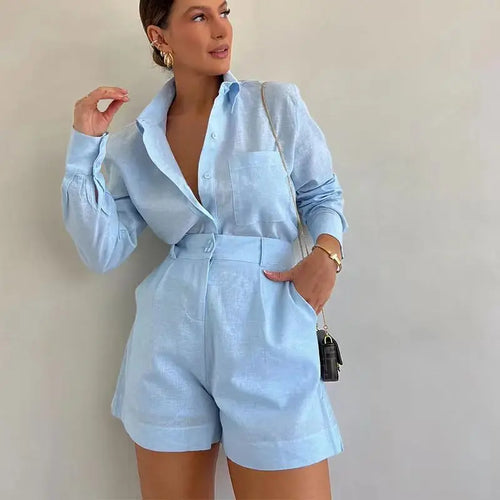 Women Summer Shorts Sets Long Sleeve Blouses with Short Pants 2 Pieces - Norellé
