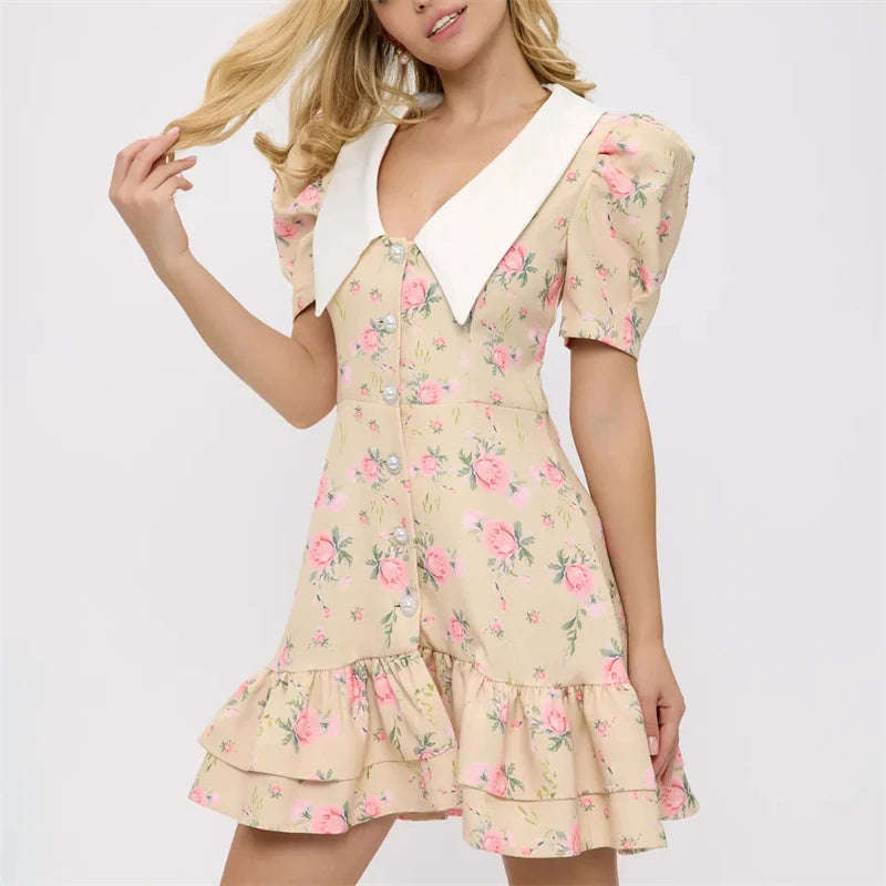 Print Puff Sleeves Ruffled Dress - Norellé