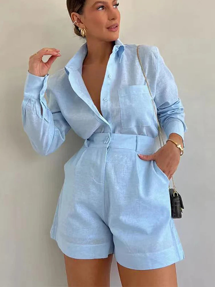 Women Summer Shorts Sets Long Sleeve Blouses with Short Pants 2 Pieces - Norellé