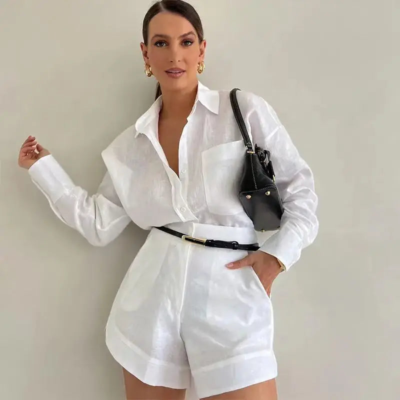 Women Summer Shorts Sets Long Sleeve Blouses with Short Pants 2 Pieces - Norellé