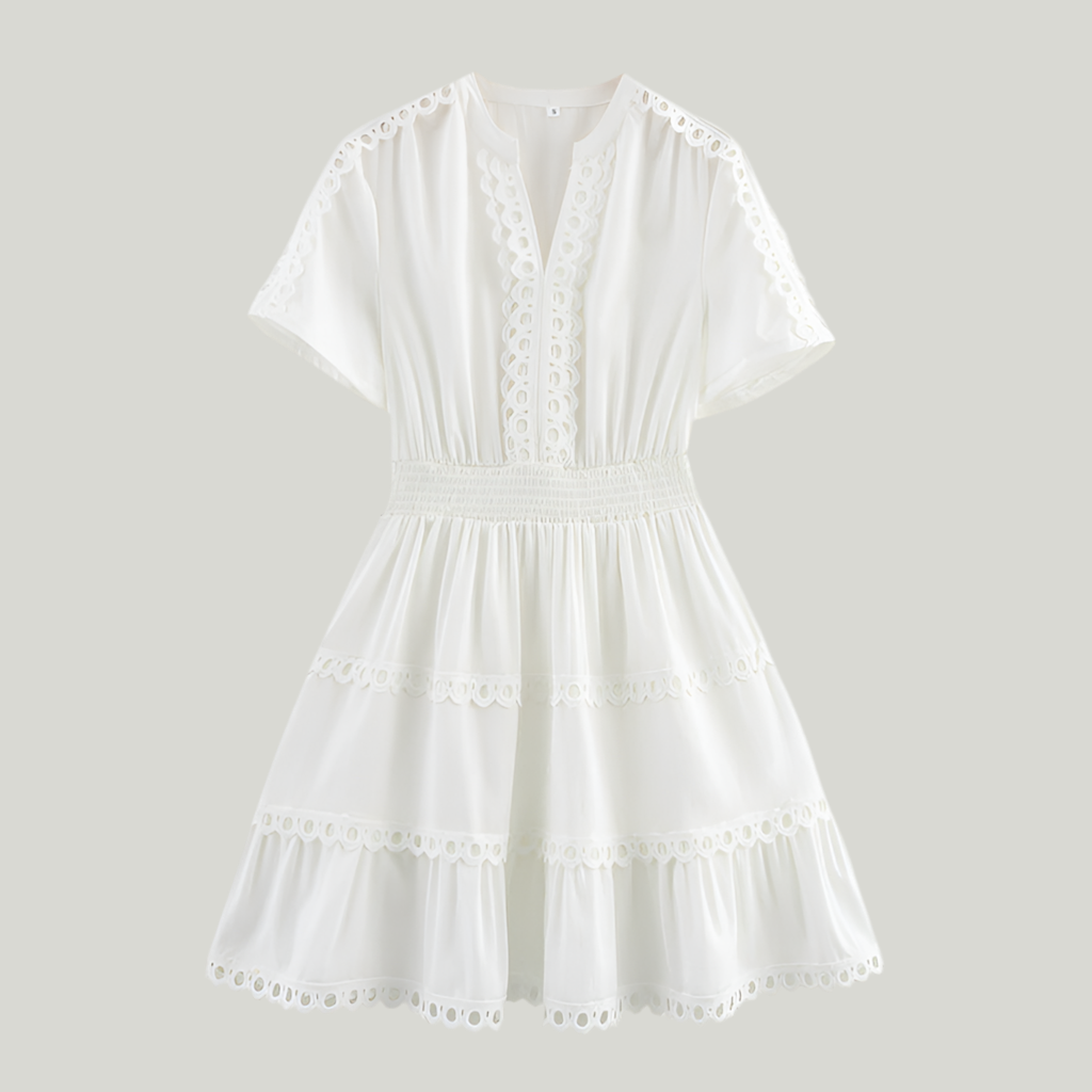 Hollow Design Tight Waist A Swing Short Sleeve Dress - Norellé