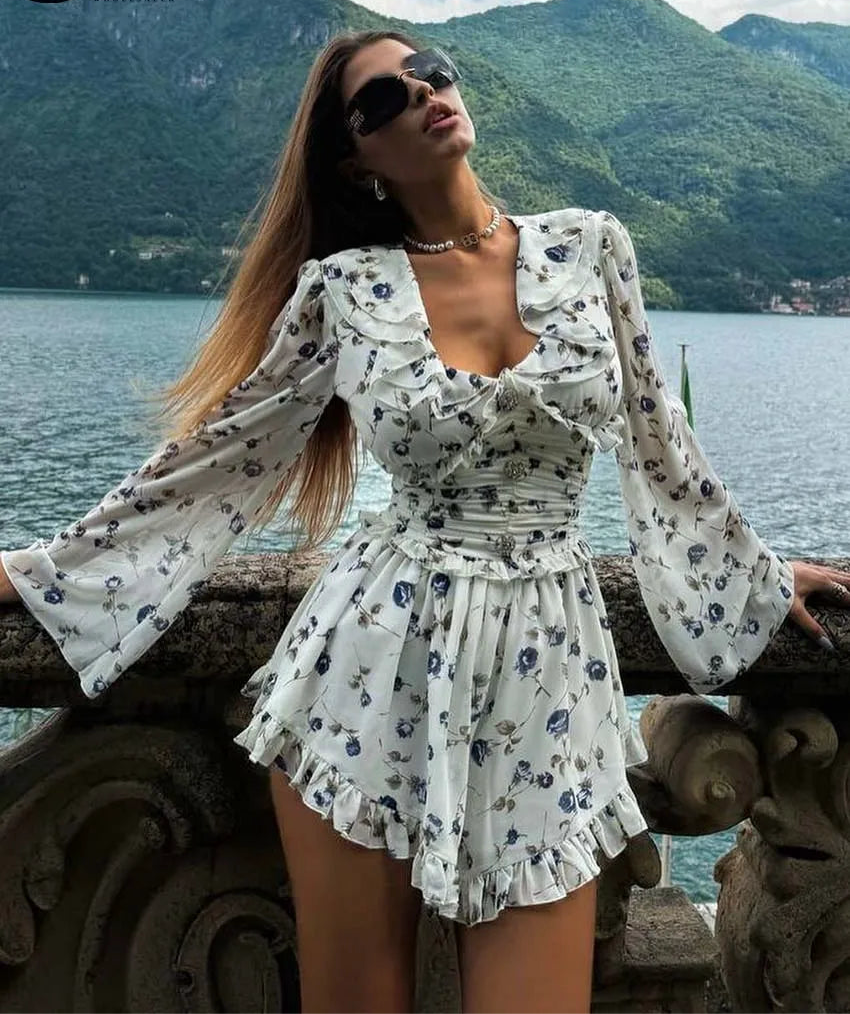 Fashion White Print Women's Dress Elegant V-Neck Ruffled Long Sleeve Dress - Norellé