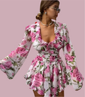 Fashion White Print Women's Dress Elegant V-Neck Ruffled Long Sleeve Dress - Norellé