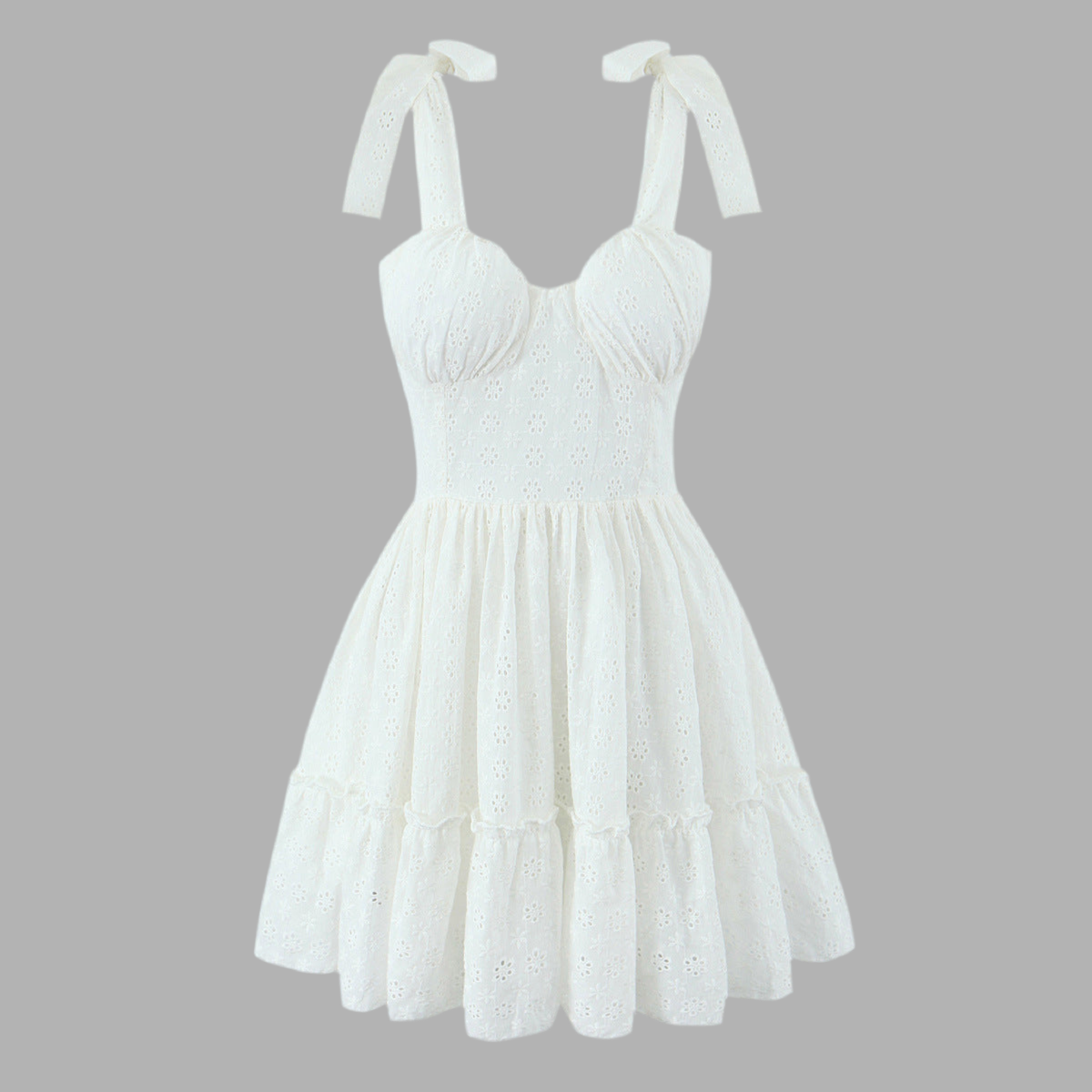 Sweet Cutout Embroidery Chic Lace Up Short Dress French Style V-neck - Norellé
