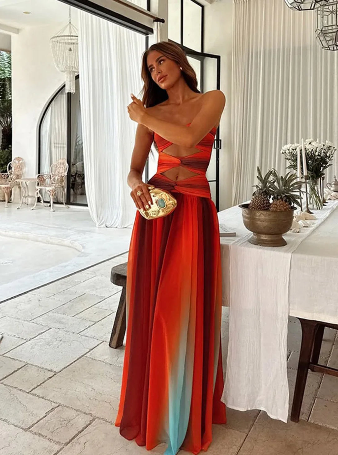 Women's Tie-dye Gradient Slim Fit Off Waist Long Dress