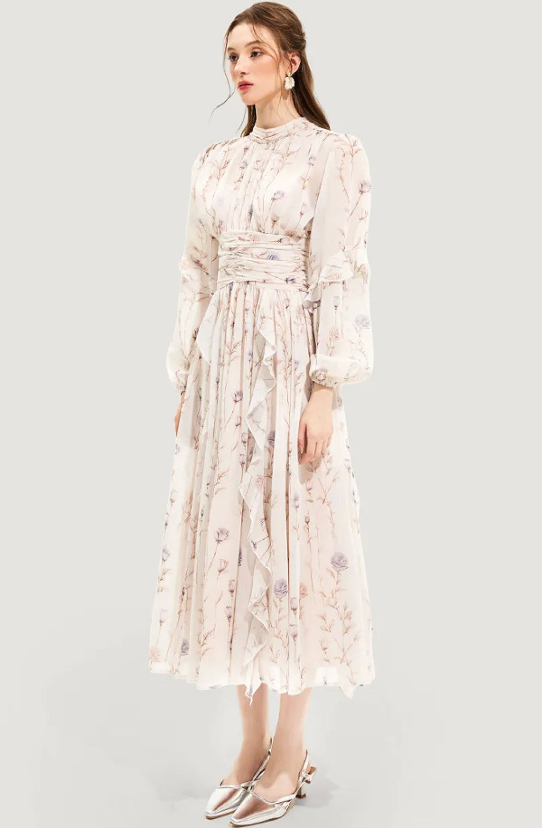 Chiffon Printed Ruffled Long Sleeve Dress - Norellé