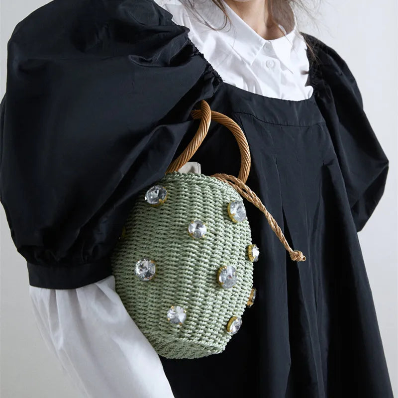 Summer Round Rattan Handmade Diamond Pearl Bag