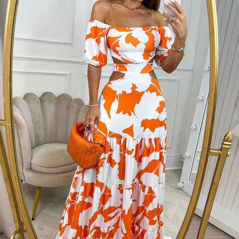 Chiffon Plus Size Off the Shoulder Floral Flower Maxi Long Dress for Women - Norellé