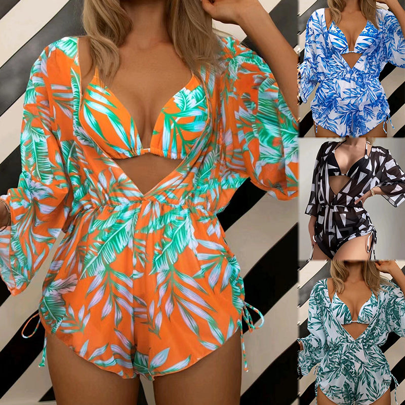 3 Piece Set Bikini Women Jumpsuit Suits Printed Swimwear Bikini - Norellé