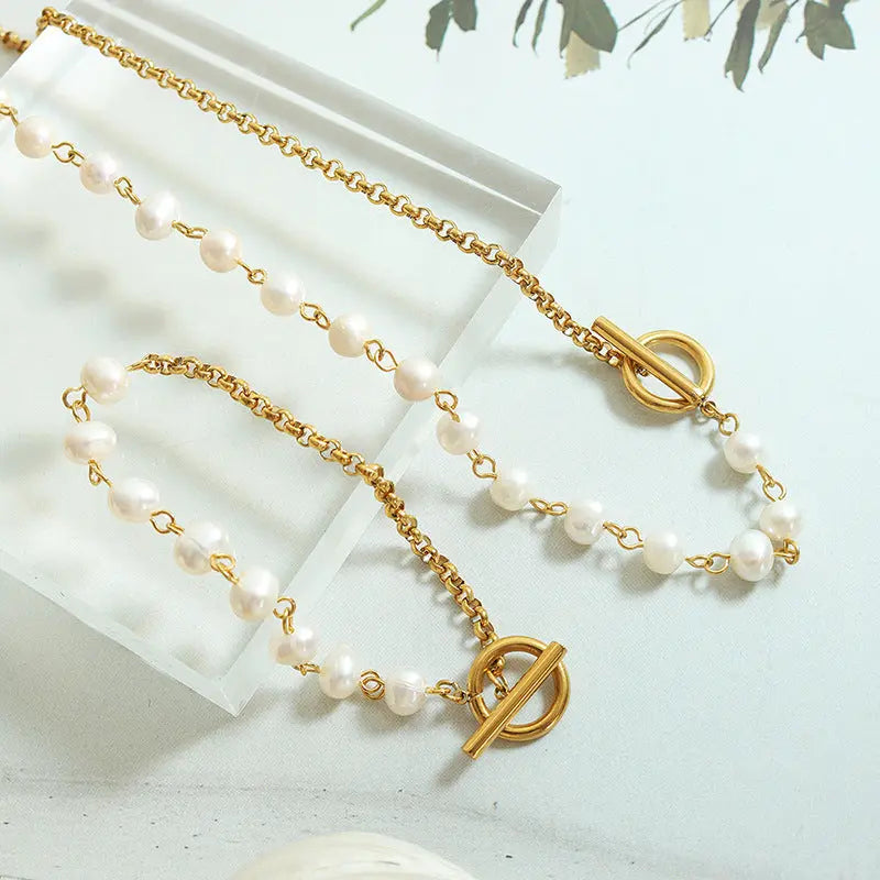 Retro Affordable Luxury Freshwater Pearl OT Buckle Bracelet Necklace - Norellé