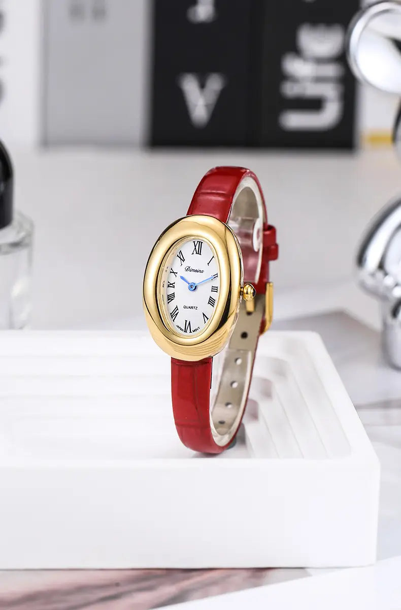 Women Quartz Watch Roman Numerals Vintage Simple Oval Clock Stainless Steel