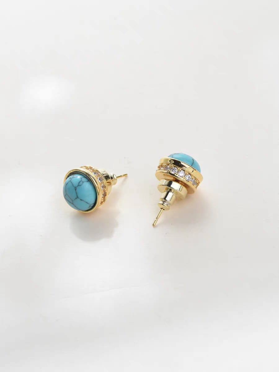 Natural Stone Stud Earrings Round Diamond Gold-plated