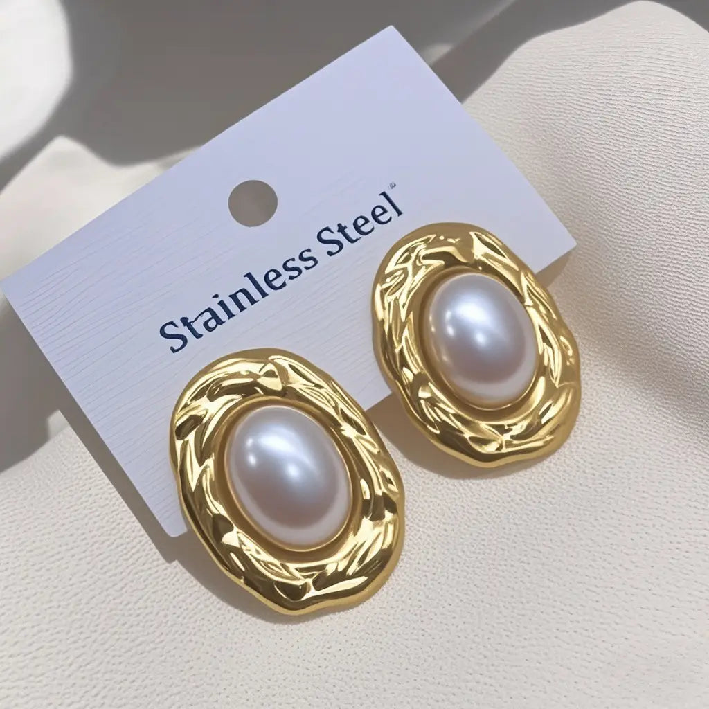 Oval Pearl Earrings Women’s Non-fading Titanium Steel
