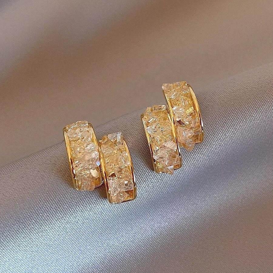 Sterling Silver Needle Glass Crystal Handmade C- Shaped Semi-curved Temperamental Minority Earrings - Norellé