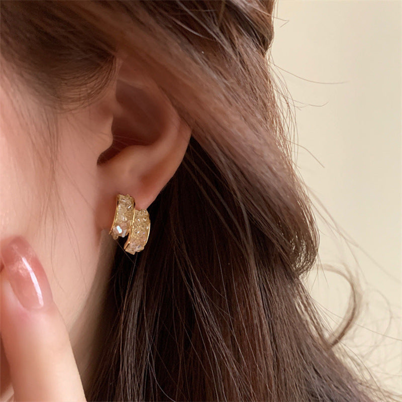 Sterling Silver Needle Glass Crystal Handmade C- Shaped Semi-curved Temperamental Minority Earrings - Norellé