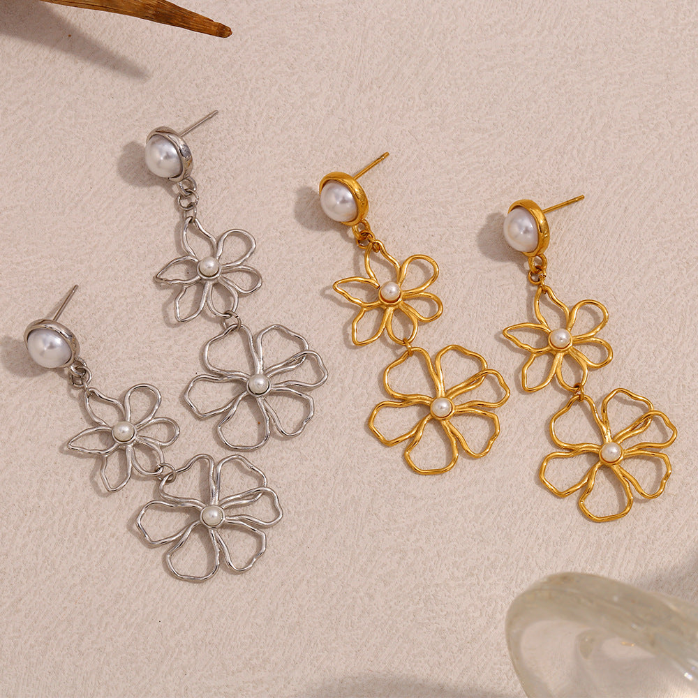 Stainless Steel Plated 18K Gold Line Flower Stud Earrings - Norellé