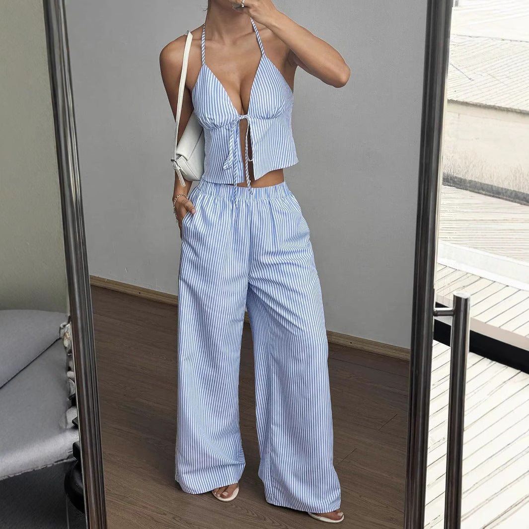 Summer Stripes Vest Plus Stretchy Straight-leg Pants Casual Two-piece Suit - Norellé