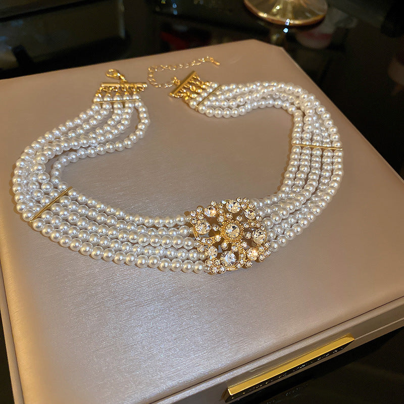 South Korea Diamond Studded Hollow Pearl Multi-layer Necklace Temperament - Norellé