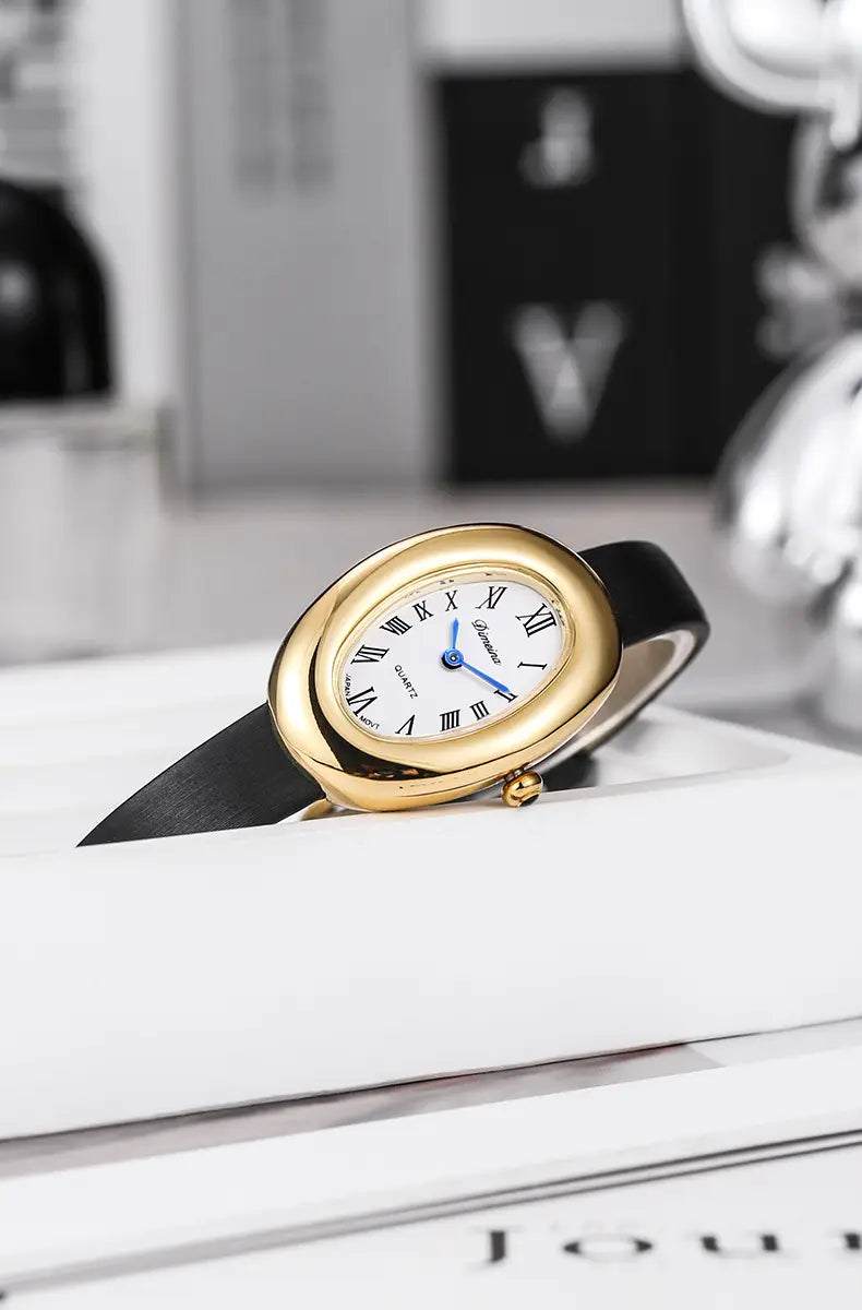 Women Quartz Watch Roman Numerals Vintage Simple Oval Clock Stainless Steel