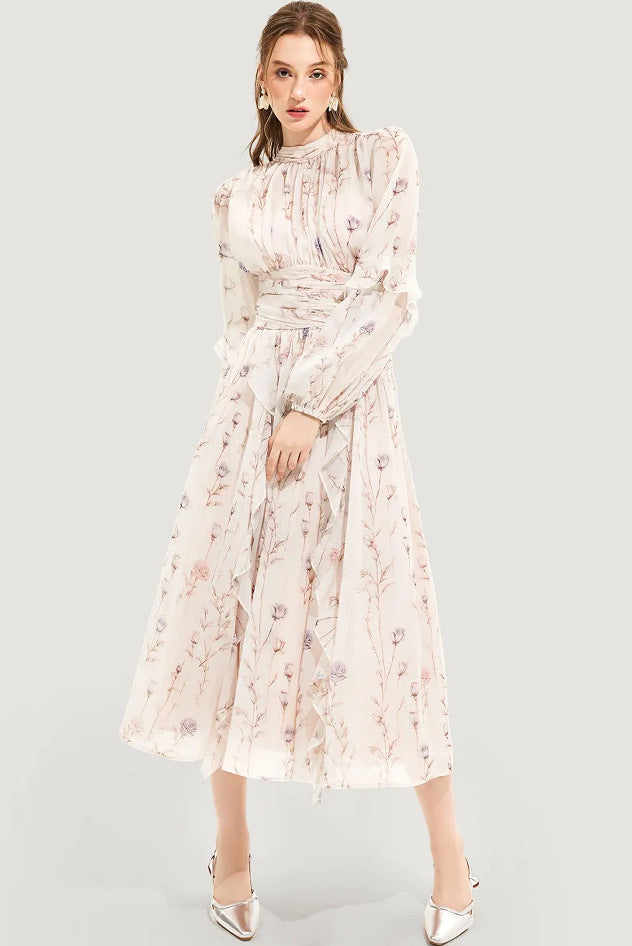 Chiffon Printed Ruffled Long Sleeve Dress - Norellé