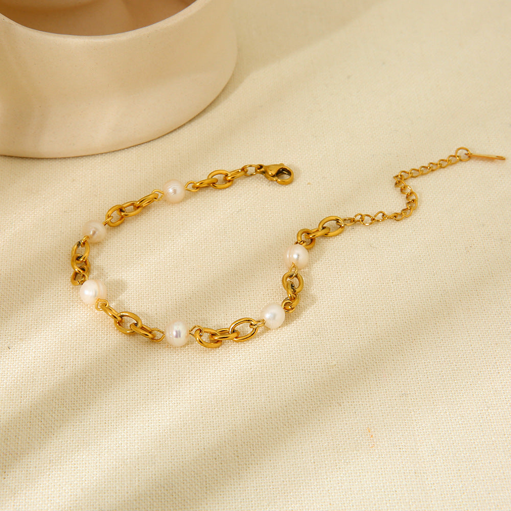 K Gold Stainless Steel Bracelet 6  Water Pearl Chain - Norellé