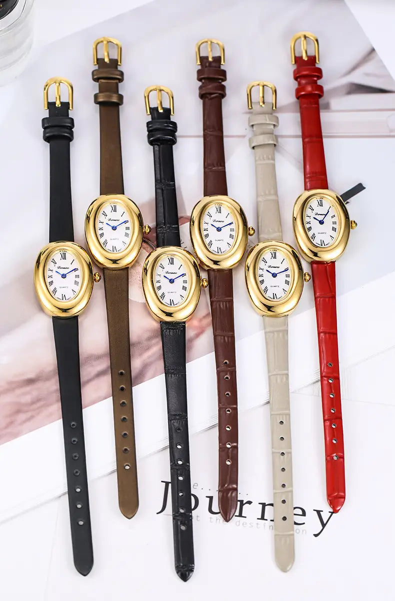 Women Quartz Watch Roman Numerals Vintage Simple Oval Clock Stainless Steel