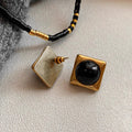 Square Black Agate Middle Ancient Gold Earrings For Women - Norellé