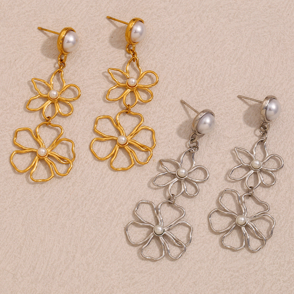 Stainless Steel Plated 18K Gold Line Flower Stud Earrings - Norellé