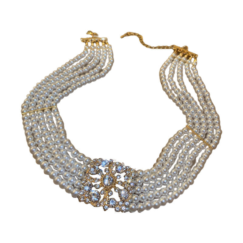 South Korea Diamond Studded Hollow Pearl Multi-layer Necklace Temperament - Norellé