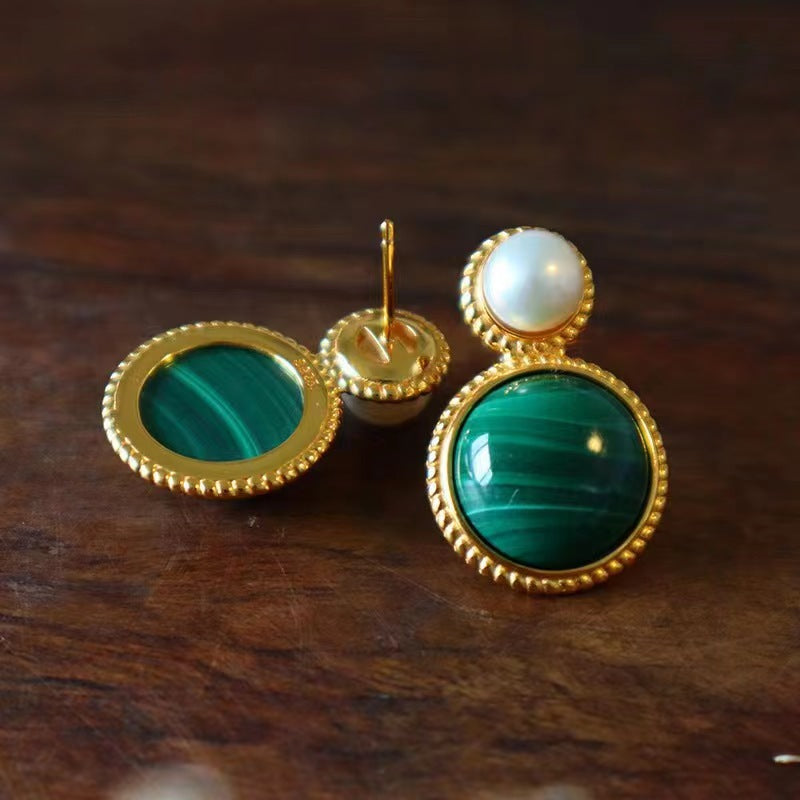 Green Malachite Pearl Stud Earrings For Women - Norellé