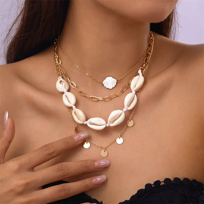 Summer Retro Vacation Style Beach Shell Artificial Pearl Conch Multi-layer Women’s Necklace