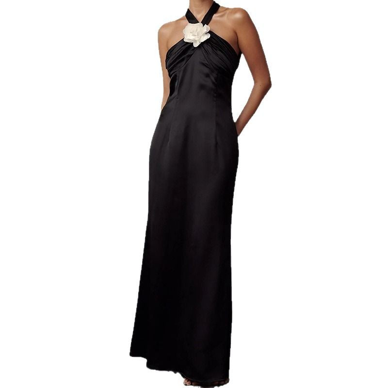 Backless  Flowers Satin High-grade Halter Dress - Norellé