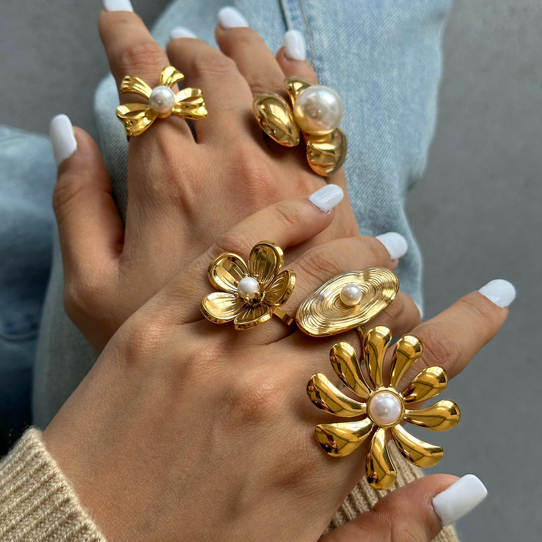 Stainless Steel Flower Pearl Ring Exaggerated High Sense - Norellé