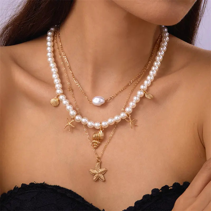 Summer Retro Vacation Style Beach Shell Artificial Pearl Conch Multi-layer Women’s Necklace