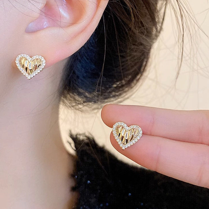 Fashion Pleated Heart-shaped Zircon Silver Pin Earrings Geometric Advanced - Norellé